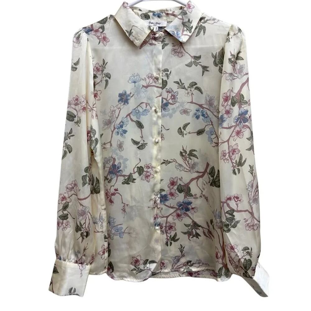 Haver & Blair Floral Satin Button-Down Blouse Cream